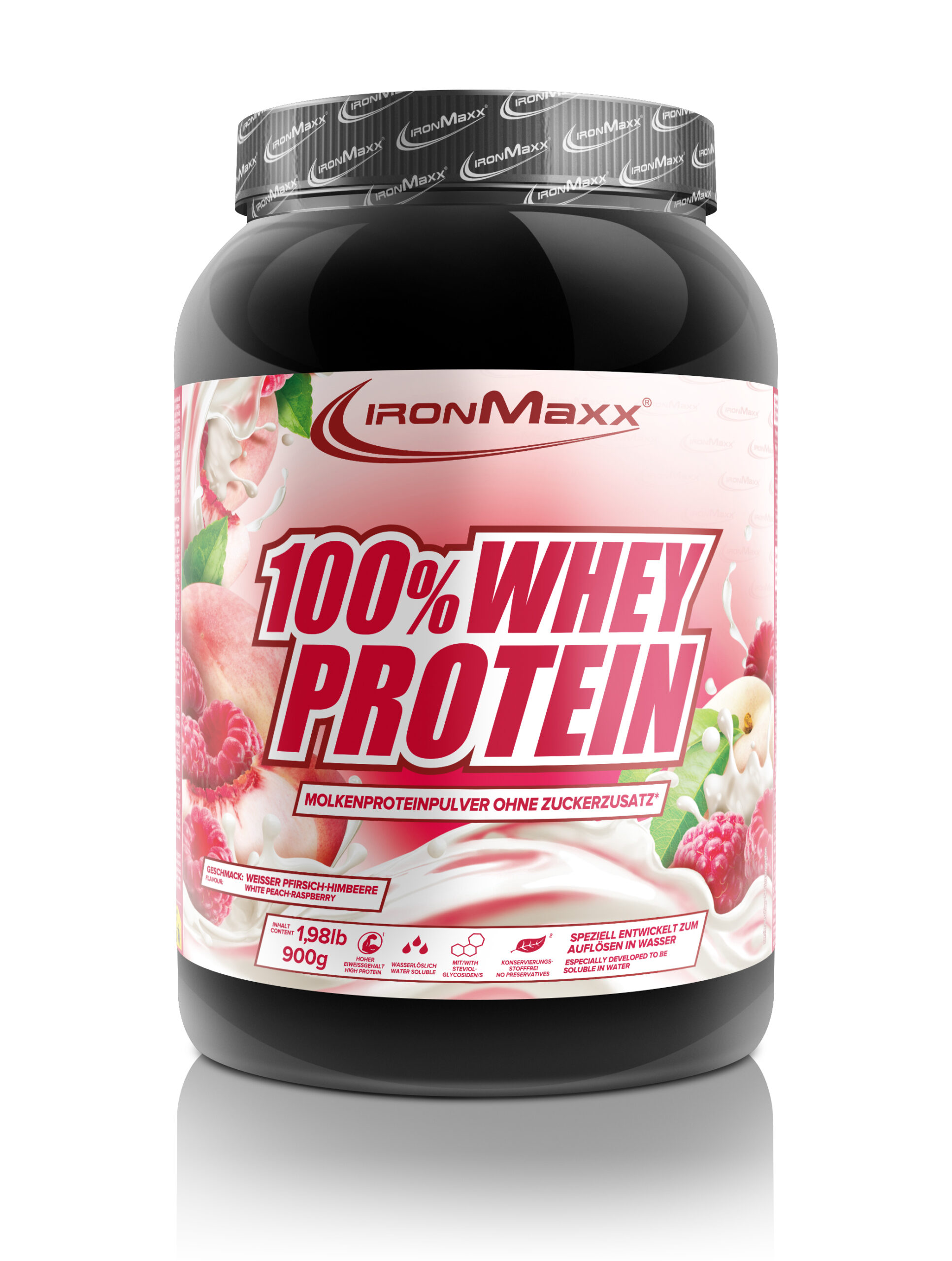 100% Whey Protein - doos 900 g - witte perzik framboos